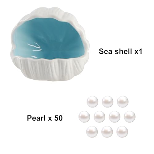 Ceramic Shell Cave with 50 Pearls - Betta Fish & Shrimp Tank Decorative Hideout(Blue + 50PCS Pearl)