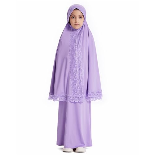 Girls Prayer Dress Muslim Abaya with Hijab Teen Girl Long Sleeve Islamic Maxi Set 2 Pieces Ramadan Kaftan Dubai Eid Outfit - color: A-purple, size: 7-8 Years