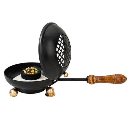Large Smoking pan [Diameter 4.33 inch, Length Approx. 9.84 inch], Made of Iron, matt Black, with Removable Sieve and Wooden Handle - color: Black - Large