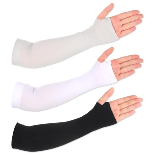 3 Pairs Sleeves to Cover Arms with Thumb Hole, Cooling Arm Sleeves Women Forearm Sleeve Summer Sun UV Protection for Thin Skin and Bruising for Sports Workouts Cycling Driving(White, Black, Gray)