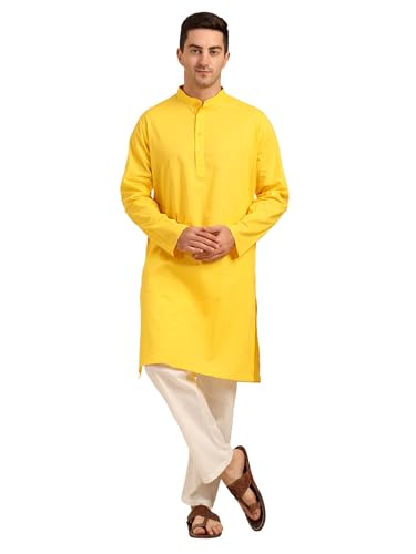 ITOS365 Men’s Cotton Kurta Pajama Set for Men | Ethnic Wear & Yoga Meditation Outfit | Festive, Casual & Daily Wear - color: Yellow, size: Medium