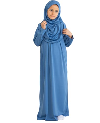 Prien Kids Prayer Dress Muslim Clothes for Girls Long Sleeve Abaya with Hijab Two Piece Maxi Islamic Set Scarf Kaftan Jilbab - color: Indigo