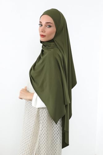 Aisha's Design Neck-Covering Practical Jersey Hijab with Built-In Ninja Bonnet - color: Army Green