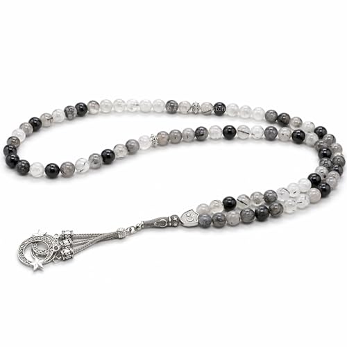Amazing Gemstone Black Rutilated Quartz Tasbeeh with Moon and Star Charm - Certified Crystal Muslim Prayer Beads Natural Gemstone Tasbih Gift for Ramadan Dhikr and Daily Namaz (S) - color: Black Rutilated Quartz