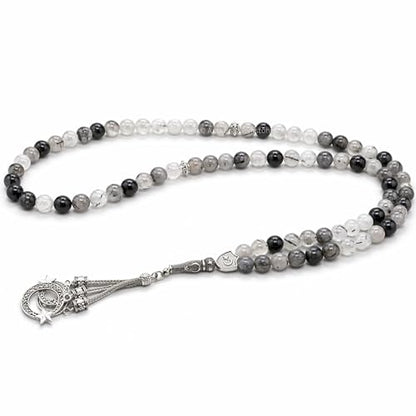 Amazing Gemstone Black Rutilated Quartz Tasbeeh with Moon and Star Charm - Certified Crystal Muslim Prayer Beads Natural Gemstone Tasbih Gift for Ramadan Dhikr and Daily Namaz (S) - color: Black Rutilated Quartz
