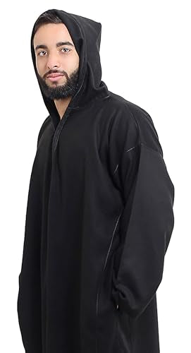 Moroccan Men Djellaba with Hood – Handmade Winter Jellaba Cotton Kaftan with Delicate Embroidery, Caftan Fits L–XL - color: Black