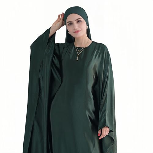 Abaya Muslim Women Dress Satin Batwing Sleeve Kaftan Maxi Arabian Dubai Islamic Ramadan Prayer Dress with Hijab Scarf - color: Dark Green