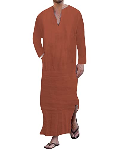 YAOHUOLE Men's Kaftan Thobe Long Sleeve Men Thobe Robe Side Split Men Thobe with Pockets Casual Thobe - color: Brick Red-long Sleeve, size: Large