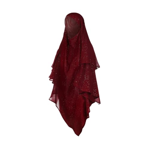 SIQITECHNO Womens Muslim Long Khimar Hijab Scarf Chiffon Sparkling Islamic Arabian Khimar Niqab Ramadan Eid Prayer Scarf Wrap - color: Maroon
