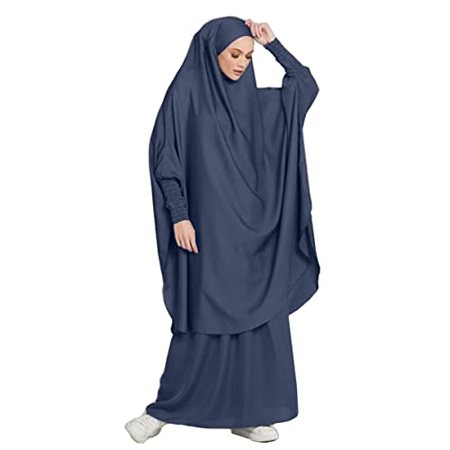 Women Muslim 2 Set Solid Color Plus Long Sleeve Thobe One-size Longuette Overall Abaya Thobe with Hoodied Hijab - color: Gray