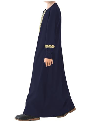 WSPLYSPJY Long Sleeve Abaya for Girls Muslim Islamic Dresses Kids Printed Maxi Prayer Clothes Robe - color: Navy Blue, size: 7-8 Years