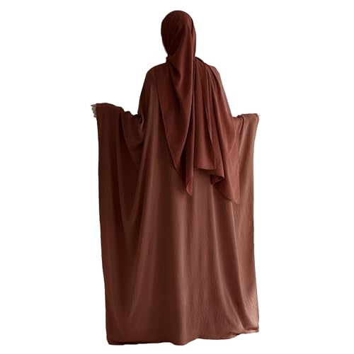 Abaya Muslim Women Dress Batwing Sleeve Loose Maxi Modest Islamic Clothes Prayer Dress with Hijab Scarf - color: Brown