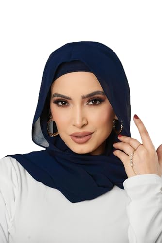 Instant Chiffon Hijab 3-in-1 with Built-in Magnets and Attached Match Undercap, Women Hijabs Set. - color: Navy Blue