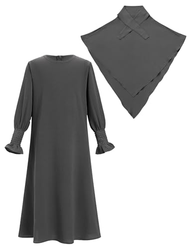 OBEEII Abaya for Girls Muslim Long Sleeve Prayer Dress Ramadan Kaftan Abaya with Hijab Islamic Clothing Arabic Eid Robe - color: Gray, size: 9-10 Years