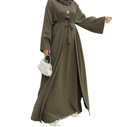 2PCS Women's Muslim Dresses Abaya Islamic Dubai Prayer Dress Robe Long Cardigan Maxi Dress - color: Army Green, size: Medium