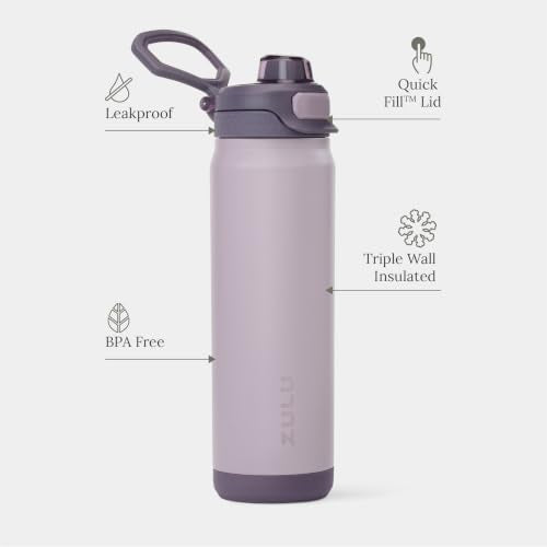 ZULU Powerfill Pro 24oz Stainless Steel Water Bottle with Quick Fill Lid, Triple Walled Vacuum Insulated Metal, Leak Proof Locking Lid, Sip and Chug, Reusable BPA Free, Amethyst - color: Amethyst, style: 24oz
