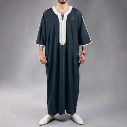 Mens Embroidery Moroccan Thobe Men Muslim Mogadishu Djellaba Robe Islamic Jubba Prayer Kaftan Islamic Arabic Abaya - color: Blue, size: Medium