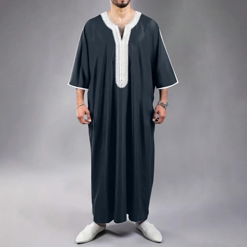 Mens Embroidery Moroccan Thobe Men Muslim Mogadishu Djellaba Robe Islamic Jubba Prayer Kaftan Islamic Arabic Abaya - color: Blue, size: XX-Large