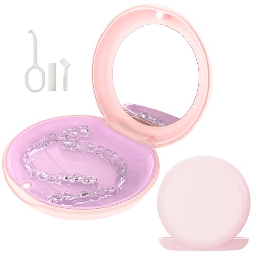 Retainer Case with Mirror, Slim Aligner Case Compatible with Invisalign, Cute Retainer Case with Silicone Pad, Mouth Guard Case with Retainer Removal Tool, Chewy and Brush, Pink - color: Pink with Mirror