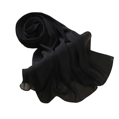 Premium Long Crinkle Chiffon Hijab Scarf for Women, Very Soft Muslim Head Scarfs - color: Black