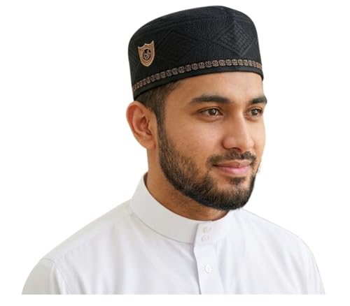 Al-Ameen Muslim Gift Muslim Men Kufi Hat AMN-002 Islam Prayer Cap Unique Design Beanie Round Topi Headwear Ramadan Eid Gift - color: Black, size: Small