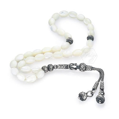 1000 Ct Silver Kazaz Rice Mother of Pearl Islamic 33 Prayer Beads Tasbeeh