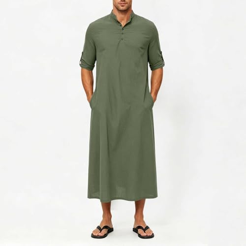 Men's Linen Kaftan Robe Button Down Long Sleeve Henley Collar Cotton Thobe Casual Loose Fit Stylish Gown Shirts - color: Army Green, size: Large