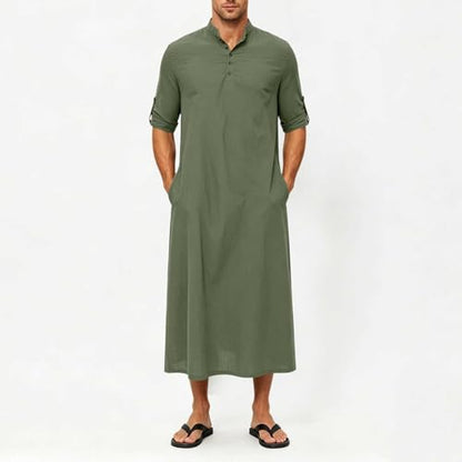 Men's Linen Kaftan Robe Button Down Long Sleeve Henley Collar Cotton Thobe Casual Loose Fit Stylish Gown Shirts - color: Army Green, size: X-Large