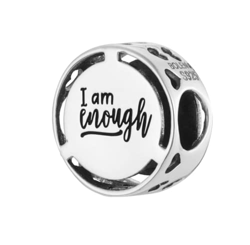 Inspirational Words Symbols 925 Sterling Silver Charm Bead For Pandora & Similar Charm Bracelets or Necklaces - color: I Am Enough