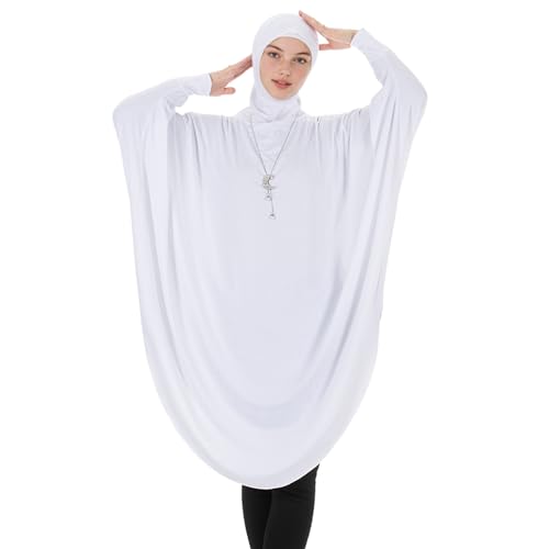 Muslim Abaya Dress for Women Highly Stretchy Batwing Hooded Prayer Hijab - color: White, size: X-Large