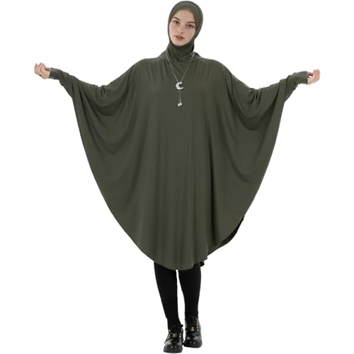 Muslim Abaya Dress for Women Highly Stretchy Batwing Hooded Prayer Hijab - color: Army Green, size: Medium