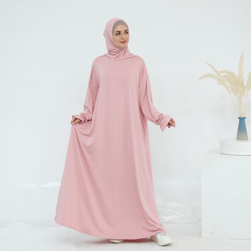 Muslim Dress for Women Pakistani Kaftan Abaya Robe Arabic Islamic Prayer Clothes Dubai Outfits - color: Pink
