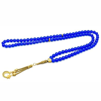 Amazing Gemstone Crystal Tasbeeh with Moon and Star Charm - Certified Crystal Muslim Prayer Beads Natural Gemstone Tasbih Gift for Ramadan Dhikr and Daily Namaz (G) - color: Blue Jade
