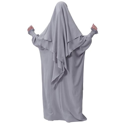 khalat Womens Muslim Prayer Dress Front Zipper Kaftan Islamic Robe Modest Solid Abayas for Women Muslim - color: Light Gray+hijab