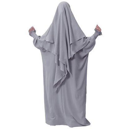 khalat Womens Muslim Prayer Dress Front Zipper Kaftan Islamic Robe Modest Solid Abayas for Women Muslim - color: Light Gray+hijab