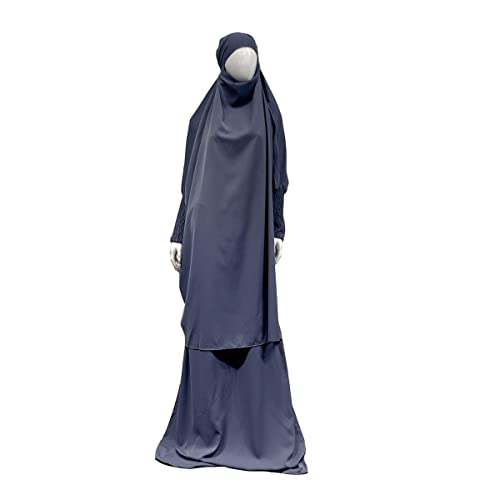 Women Muslim 2 Set Solid Color Plus Long Sleeve Thobe One-size Longuette Overall Abaya Thobe with Hoodied Hijab - color: Gray