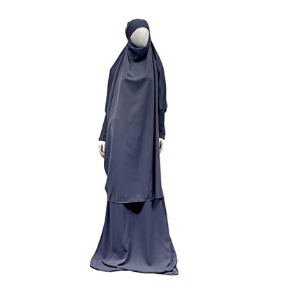 Women Muslim 2 Set Solid Color Plus Long Sleeve Thobe One-size Longuette Overall Abaya Thobe with Hoodied Hijab - color: Gray