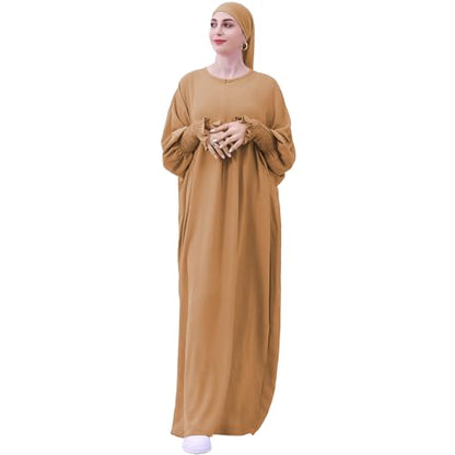 khalat Womens Muslim Prayer Dress Front Zipper Kaftan Islamic Robe Modest Solid Abayas for Women Muslim - color: Khaki