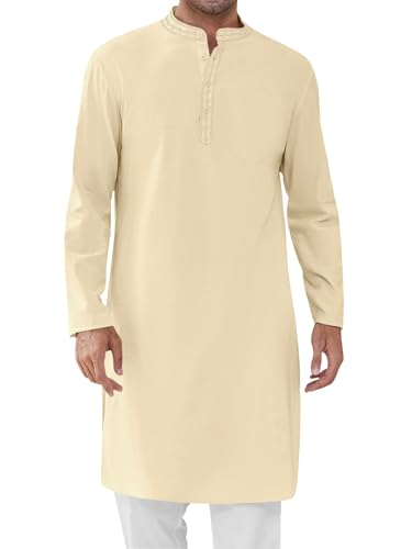 Runcati Mens Cotton Kaftan Robe Long Sleeve Button Down Henley Shirts Thobe Casual Side Split Gown Shirt - color: Beige, size: Large