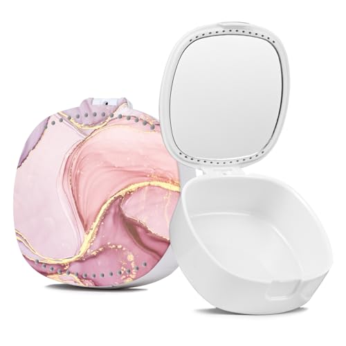 Retainer Case With Mirror and Ventilation Holes - Mouth Guard, Denture, Orthodontic Aligner, Night Guard - Pink Marble - color: Pink Marble