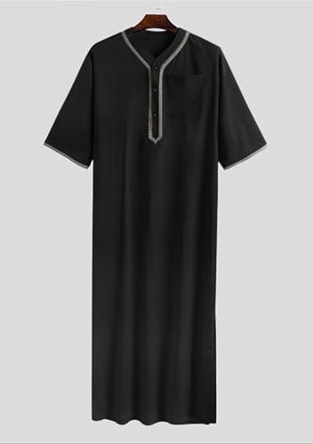 OMZIN Men's Middle East Beach Robe Summer V Neck Straight Thobe Traditional Plain Color Soft Kaftan - color: Blk, size: XX-Large