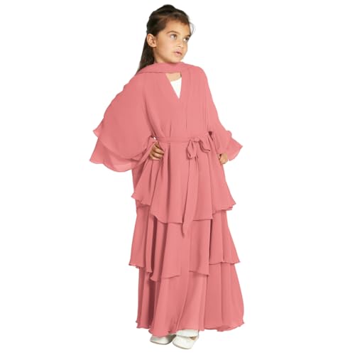 IDOPIP Muslim Girls Abayas Dress for Kids Long Sleeve Chiffon Islamic Kaftan Robe Open Front Cardigan Prayer Dress with Hijab - color: Pink, size: 4-5T