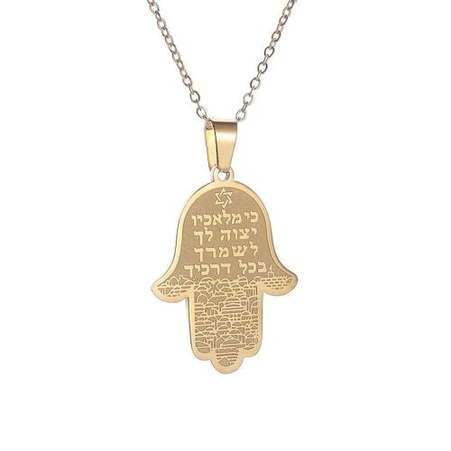 Jewish Hamsa Hand Hebrew Text Pendant Chain Necklace for Women | Hamsa hand engraved with hebrew text & star of david, symbolizes protection, ideal birthday holiday gift jewelry for women - color: golden