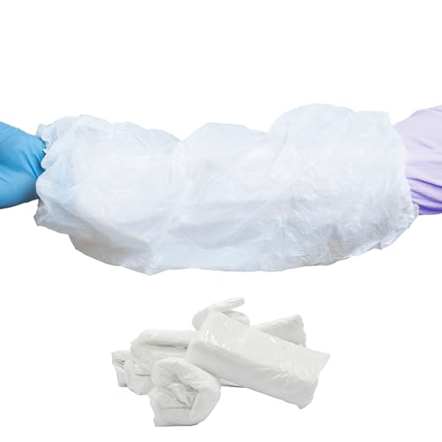 Disposable Arm Sleeve Covers - 18” Waterproof Polyethylene Protective Oversleeves with Elastic Cuff - 1 Mil Thick - color: White