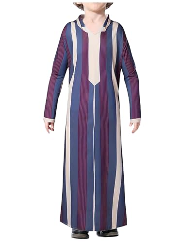 WSPLYSPJY Boys Muslim Thobe Striped Islamic Robe | Boys Muslim Thobe Striped Maxi Kaftans Kids Hooded Long Sleeve Arab Gown Islamic Robe - color: Multicolor, size: 7-8 Years