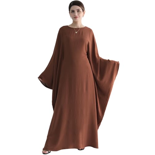 Muslim Abaya Dress Women Middle East Arabian Prayer Robe Batwing Maxi Kaftan Abaya Dress with Hijab - color: Coffee