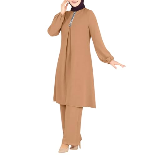 Abayas 여성용 드레스 무슬림 긴소매 루즈 탑 팬츠 2피스 두바이 이슬람 무슬림 여성용 매칭 세트 - color: 카키 B, size: M