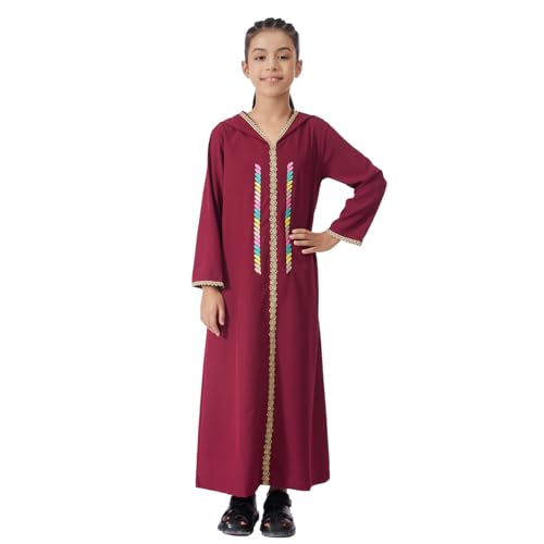 Kids Girls Abaya Muslim Long Sleeve Hooded Lace Embroidered Prayer Dress Arabic Kaftan Dubai Islamic Dresses - color: Wine Red Hoodies, size: 8-9 Years
