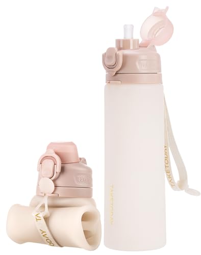 TakeToday Collapsible Water Bottles 21oz (600mL), Foldable Platinum Silicone Travel Water Bottle with Straw & Carry Strap, Leak-Resistant Screw Lid, Wide Mouth, BPA-Free for Hiking, Camping, Travel - color: Desert Sand