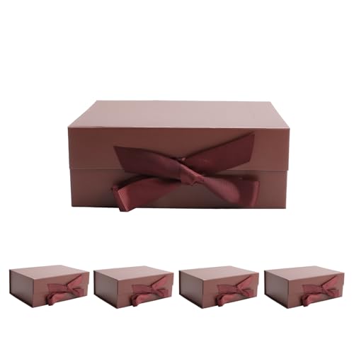 kaxilu Reddish Brown Gift Boxes with Ribbon Foldable Gift Boxes Set of 5 Magnetic Gift Boxes for Presentations and Groomsmen Proposal, Glossy Finish,Large-L11.5*W8.6*H4.2inch - color: Reddish Brown, size: Large-L11.5*W8.6*H4.2inch